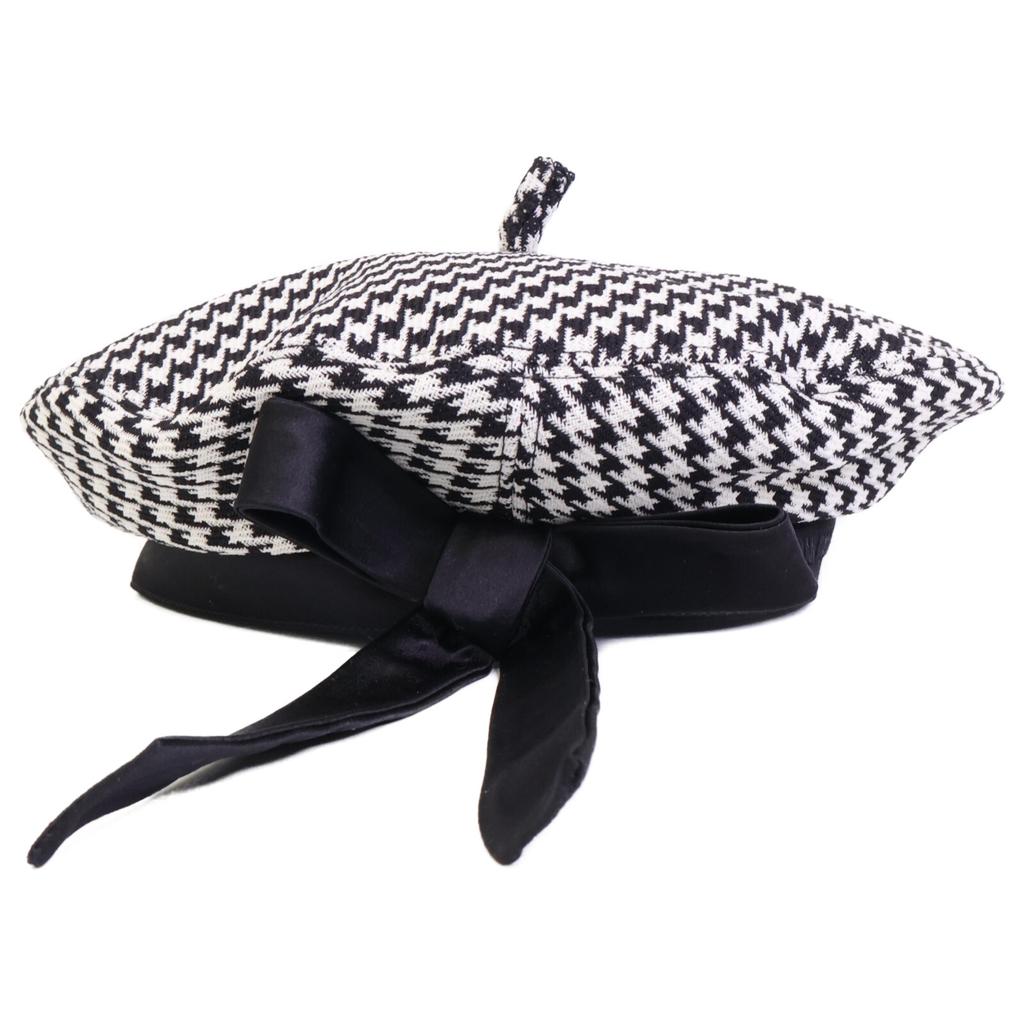 Dior [Excellent Condition/Domestically Authorized] 35DAP910I121 Wool Houndstooth Beret with Ribbon Design Hat 59 Black WhiteUsed