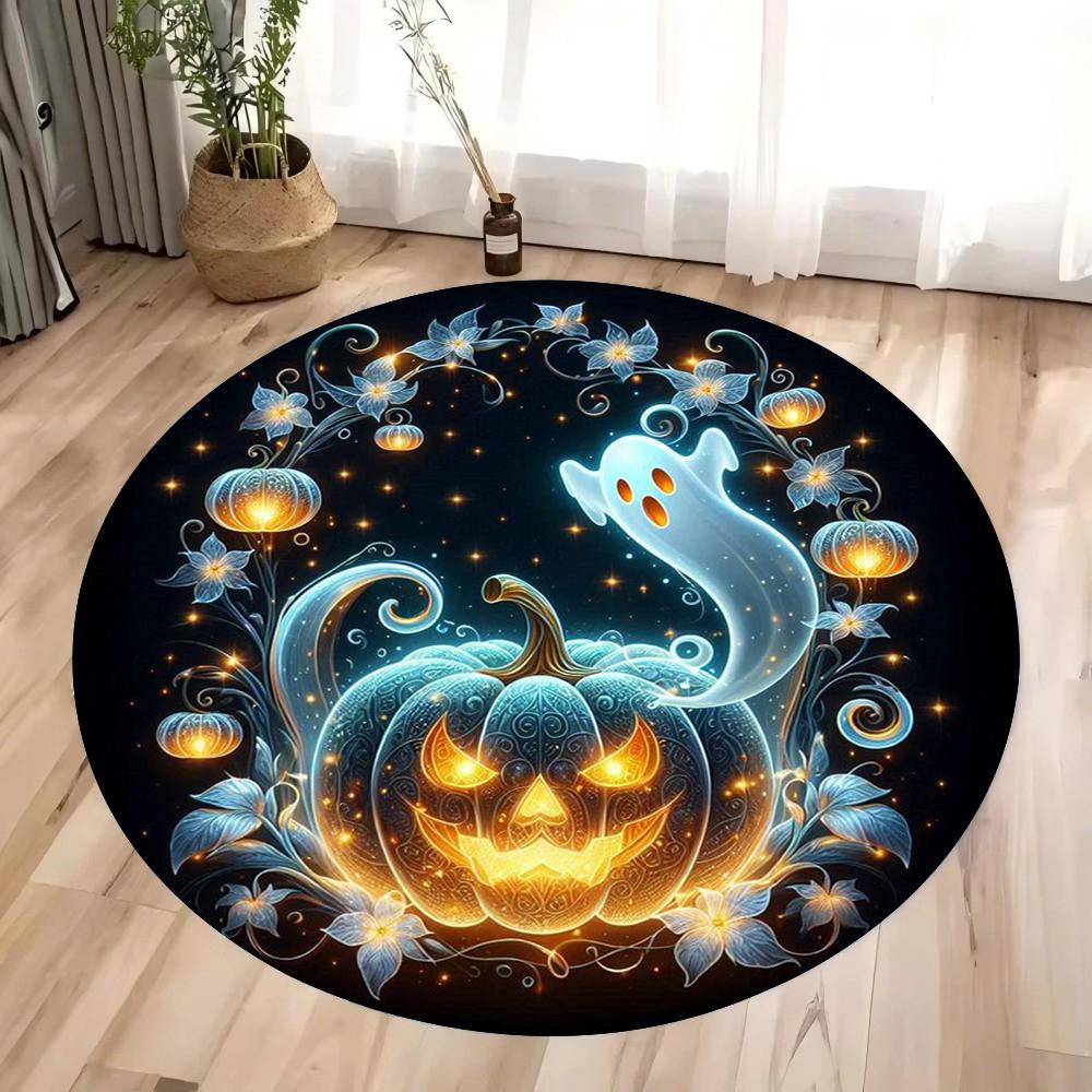Halloween Pumpkin Magic Hat and Bat Circular Printed Carpet Halloween Themed Floor Mat Home Decoration Yoga Studio Gift
