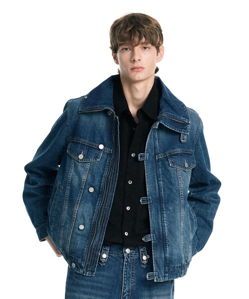 LAB101 High-Neck Snap Zip-Up Denim Jacket (Mid Blue)
