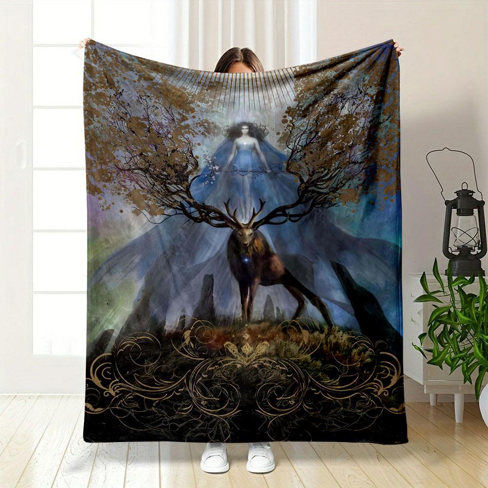 A mystical stag with branching antlers beneath a glowing figure in light. for all seasons blanket lunch break throw gift