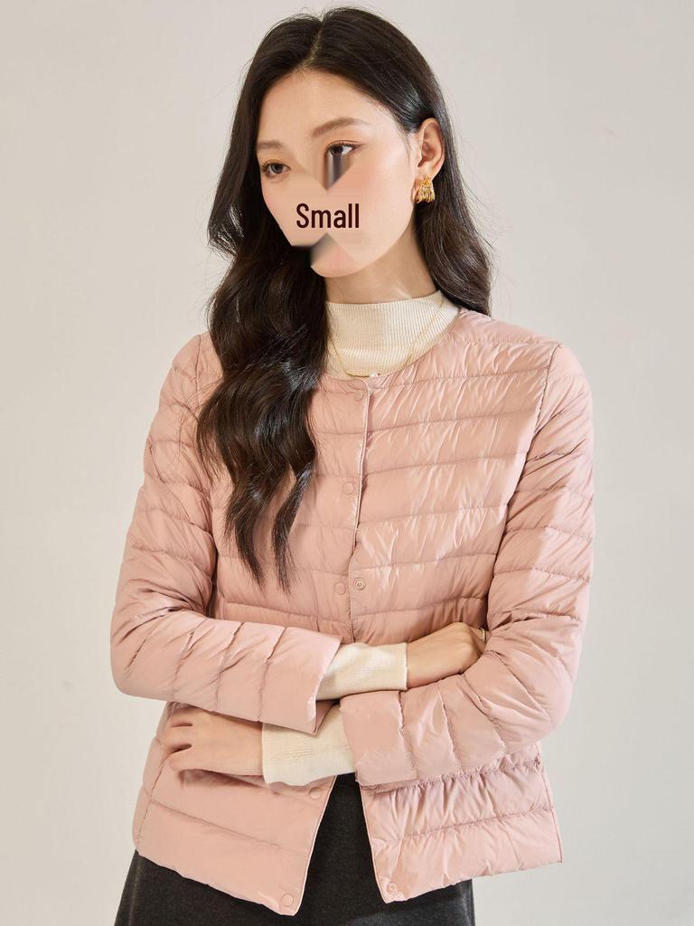 Women's White Duck Down Short Winter Jacket - Lightweight, Warm, Round Neck Inner Lining, Outerwear