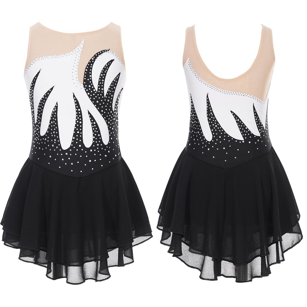 Girls Color Block Sheer Mesh Patchwork Dress Sleeveless Shiny Rhinestone Design Figure Skating Performance Gown