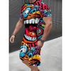 Men's Casual Outfit Set 3D Digital Print Short Sleeve T-Shirt And Shorts, Polyester Fabric Cartoon Pattern Regular Fit Machine Washable