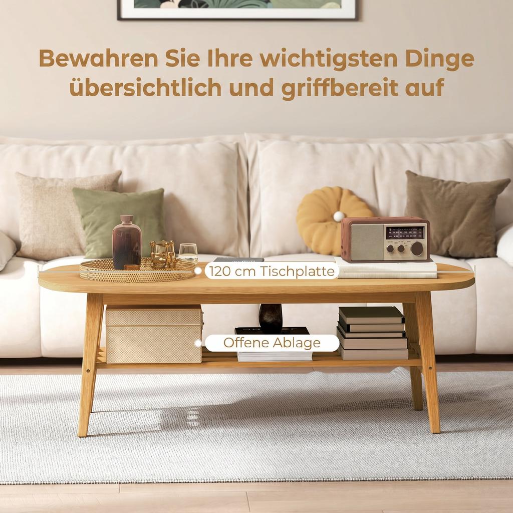Coffee Table Living Room Table with Shelf, Coffee Table for Living Room, Bedroom, 120 x 60 x 42 cm, Natural Wood