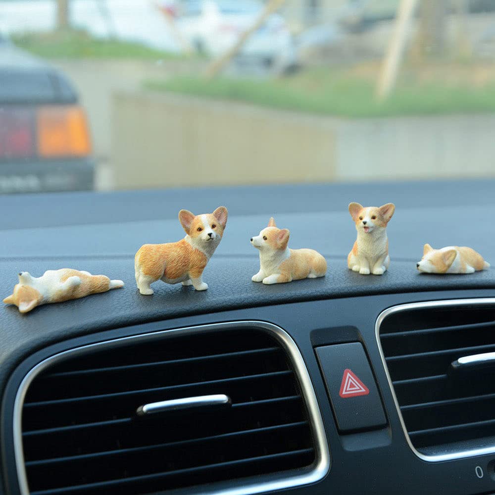 moin moin Figurine Ornament - Sleeping Corgi Puppies Assortment 5-Piece Set + Non-Slip Mat/Mini Small Sleeping/Sitting Puppies for Car Decoration Disp