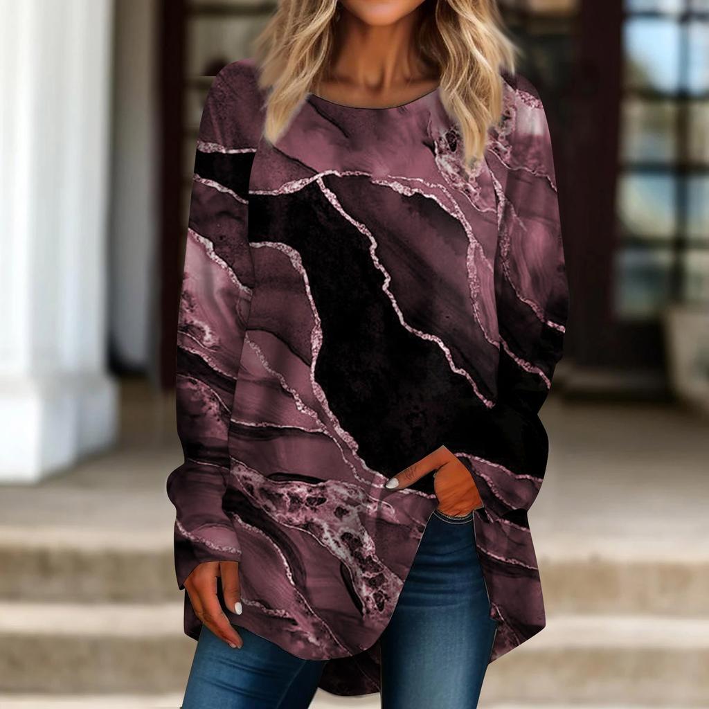 Женская повседневная футболка больших размеров с длинным рукавом и круглым вырезом в стиле ретро, ​​пуловер