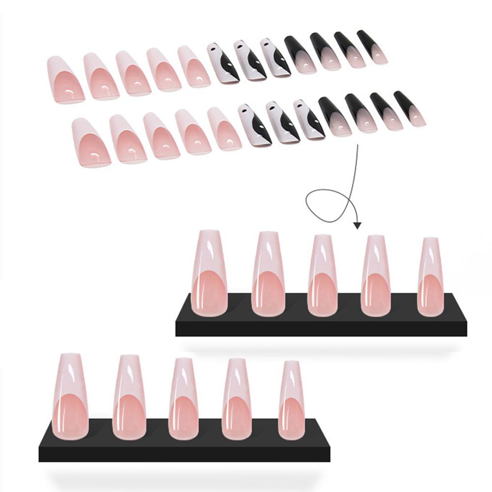 Manicure Full Cover White and Black Mixed Colors Long Coffin with Taichi Design False Nail Tips