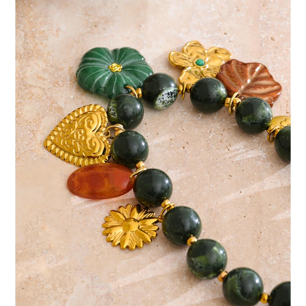 Eetit Цепочка из нержавеющей стали с зелеными акриловыми бусинами, Ювелирные изделия ручной работы, Подвеска-шарм в виде листа, цветка, сердца, Капля, Новинки 2025, Популярные