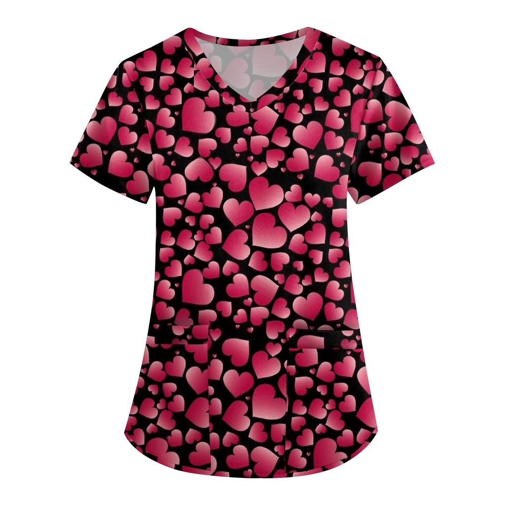 Женская симпатичная принтованная рабочая одежда с V-образным вырезом, двухслойными карманами, базовым коротким рукавом, пуловером ко Дню святого Валентина