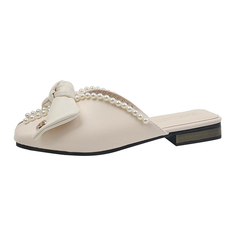 Модные милые шлепанцы с бантом для женщин 2024 Весенне-летние мюли Сексуальные шлепанцы с низким вырезом на плоской подошве Квадратные женские шлепанцы с закрытым носком