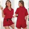 Women’s Sleeping Suits Rayon Short Sleeves Pajamas Button Up Piped Shirt and Shorts 2 Pieces Set Summer Home Night Sleep Casual Lounge Wear