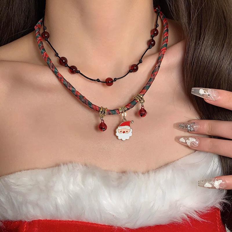 Santa Claus Double-Layer Christmas Necklace with Red Bell for Autumn & Winter Sweaters