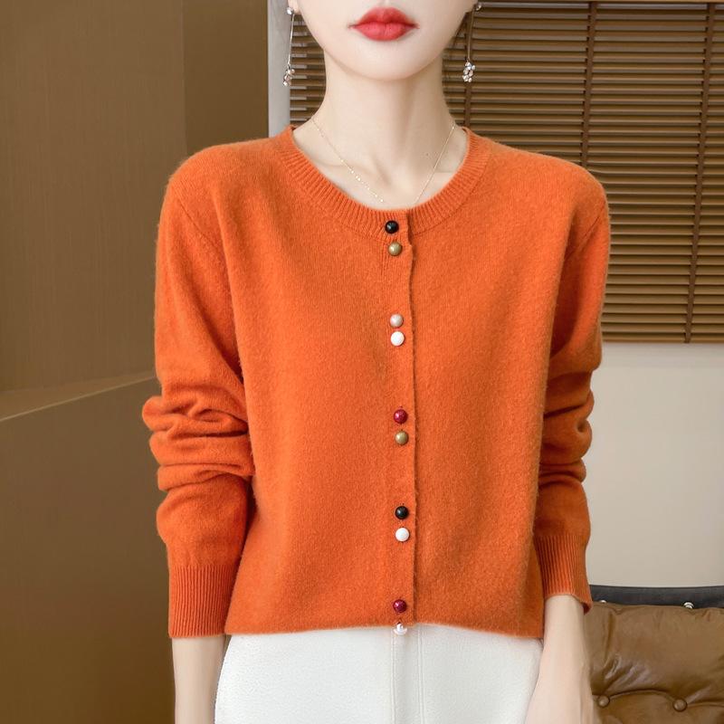 Wholesale Korean Color Button Cropped Round Neck Sweater Women Spring Autumn Versatile Knit