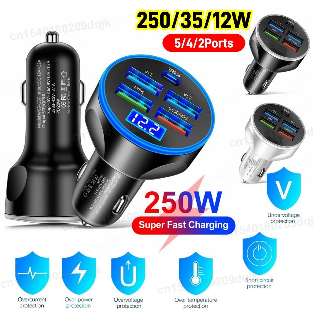 Автомобильное зарядное устройство 12/35/250 В PD QC3.0 Быстрая зарядка Штекер прикуривателя 2/4/5 портов Автомобильное зарядное устройство Flash Charge с цифровым дисплеем