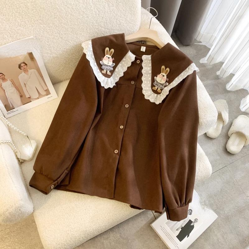 Модные винтажные блузки с воротником Питер Пэн, оборками, нашивками в виде кролика из мультфильма, рубашки, осенний стиль преппи, универсальная одежда для девочек