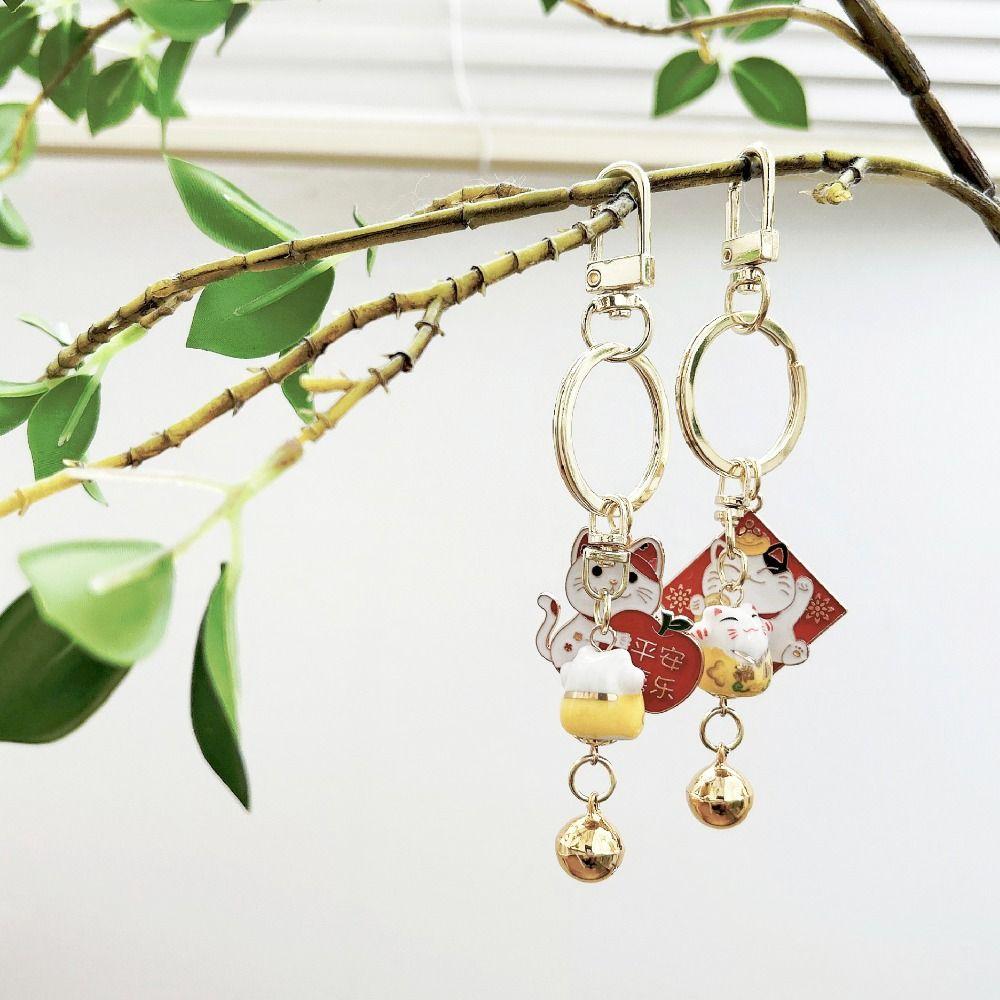 Small Bell Maneki Neko Pendant Japanese Style Car Keyring Cute Ceramic Cat Keychain Children Gifts