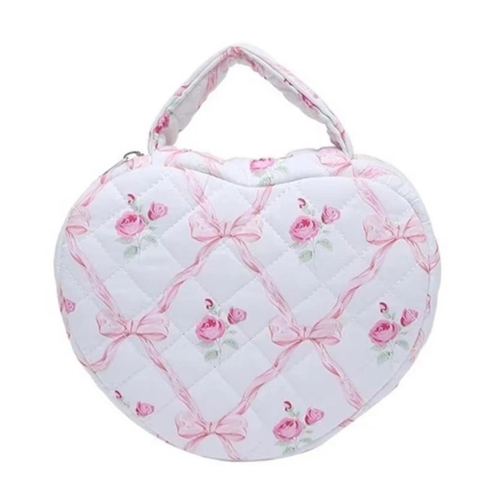 Cute Love Storage Bag Large Capacity Stylish Floral Pattern Makeup Bag Quilting Cotton with Handle Cosmetic Organizer