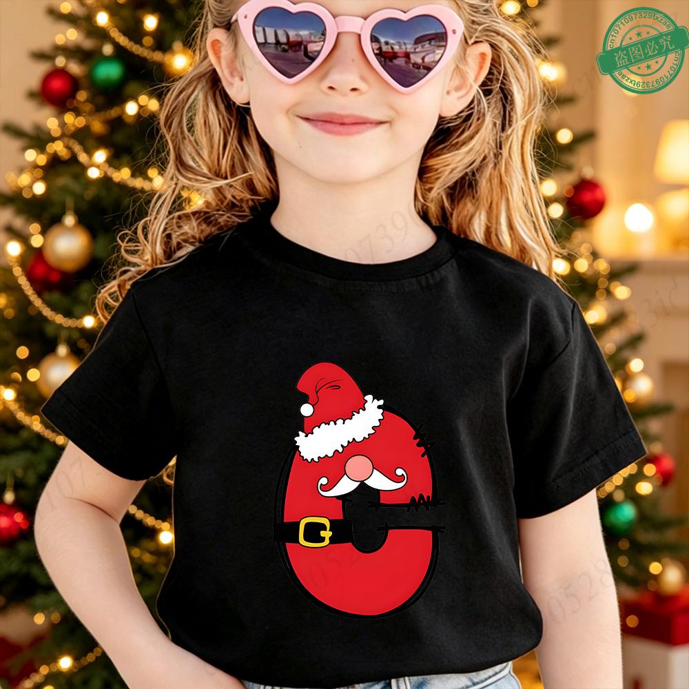 Cute Santa Hat Beard 26 A‑Z Alphabet Graphic Children Christmas T‑Shirt Cotton Short Sleeve Boys Girls Winter Festival Party Tee