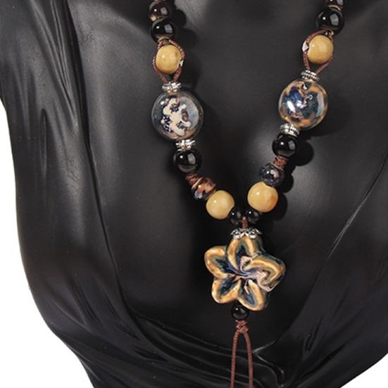 Винтажное ожерелье из бисера в стиле бохо из керамики с плетеным шнуром и цветком в виде длинного Y-образного ожерелья ручной работы в стиле ретро