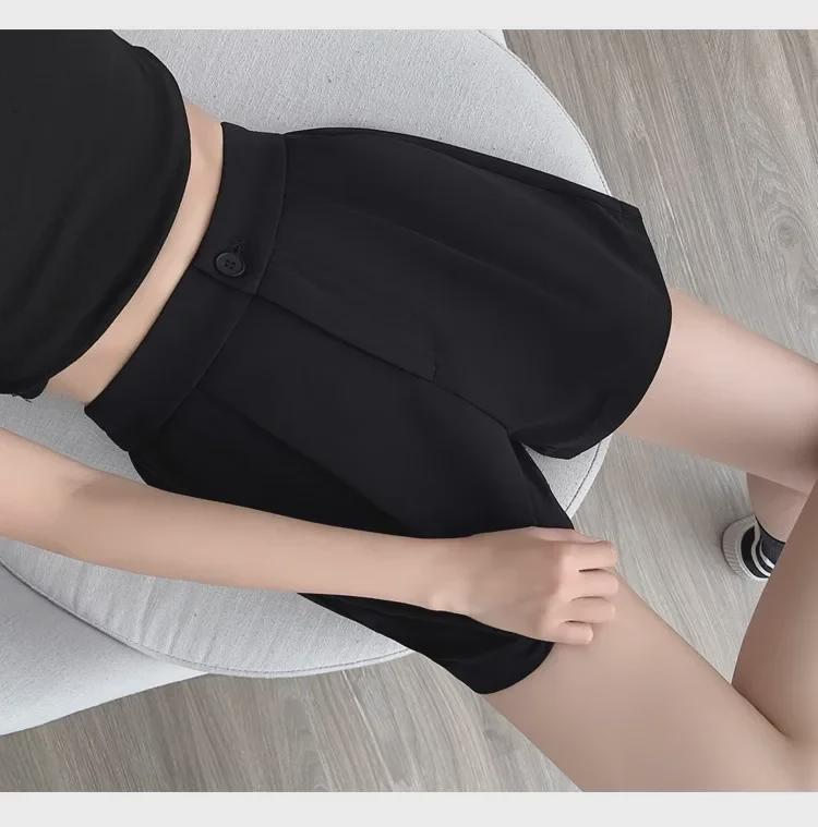 Женские черные эластичные повседневные летние шорты с высокой талией 2024 года — свободный крой, тонкие, широкие штанины