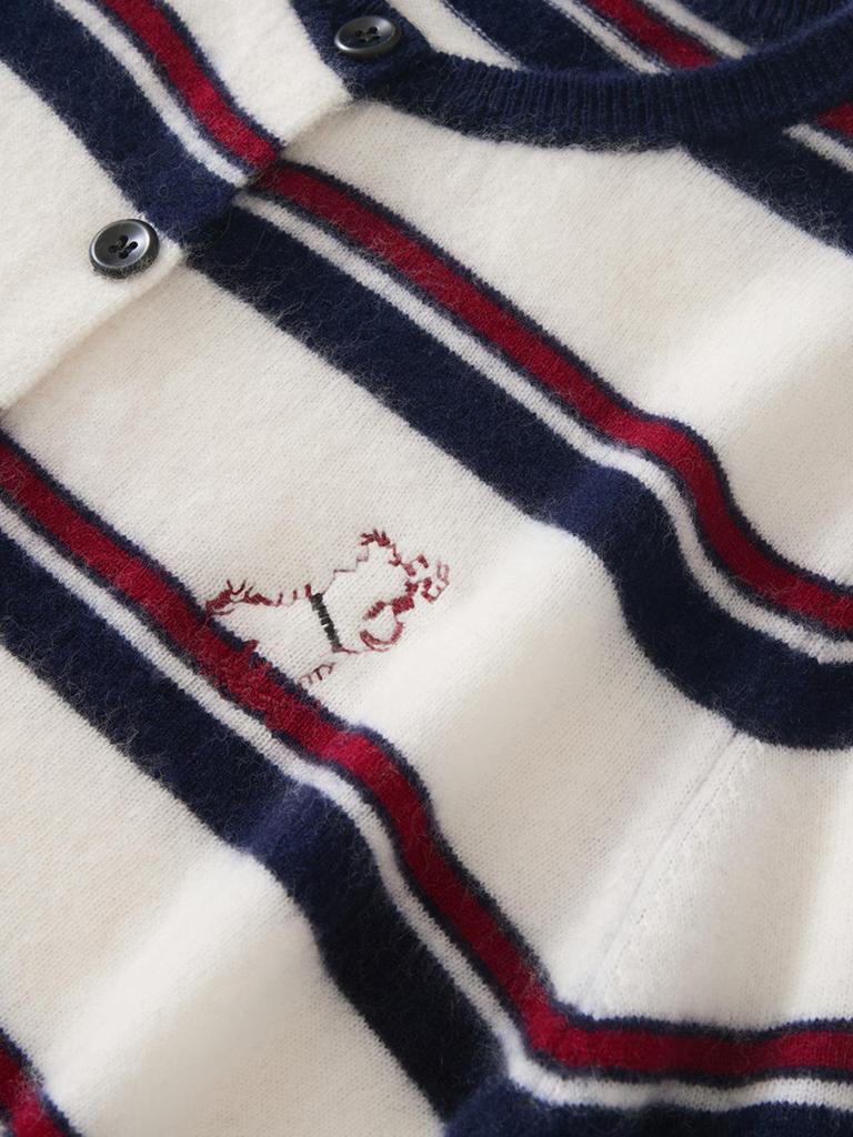 Korean Style Cashmere Puppy Embroidery Striped Crew Neck Sweater Coat for Women - Autumn/Winter Loose Knit Cardigan