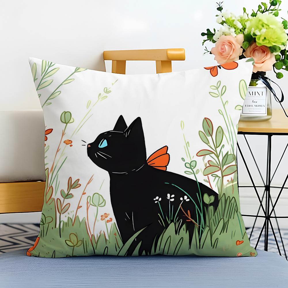 Cute cartoon little black cat Cushion Cover Washable Linen comfort Soft for Sofa Bed Cozy Home Room Decor