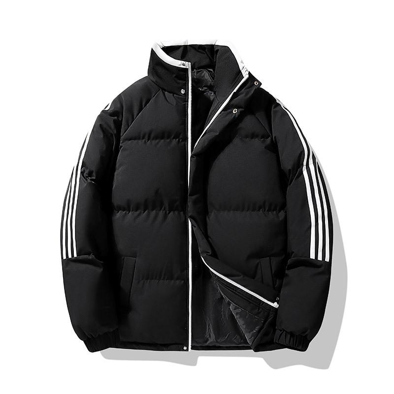 2024 зима новый однотонный ленивый воротник-стойка хлопковая одежда утолщенная теплая куртка три полоски студенческая хлопковая подкладка одежда