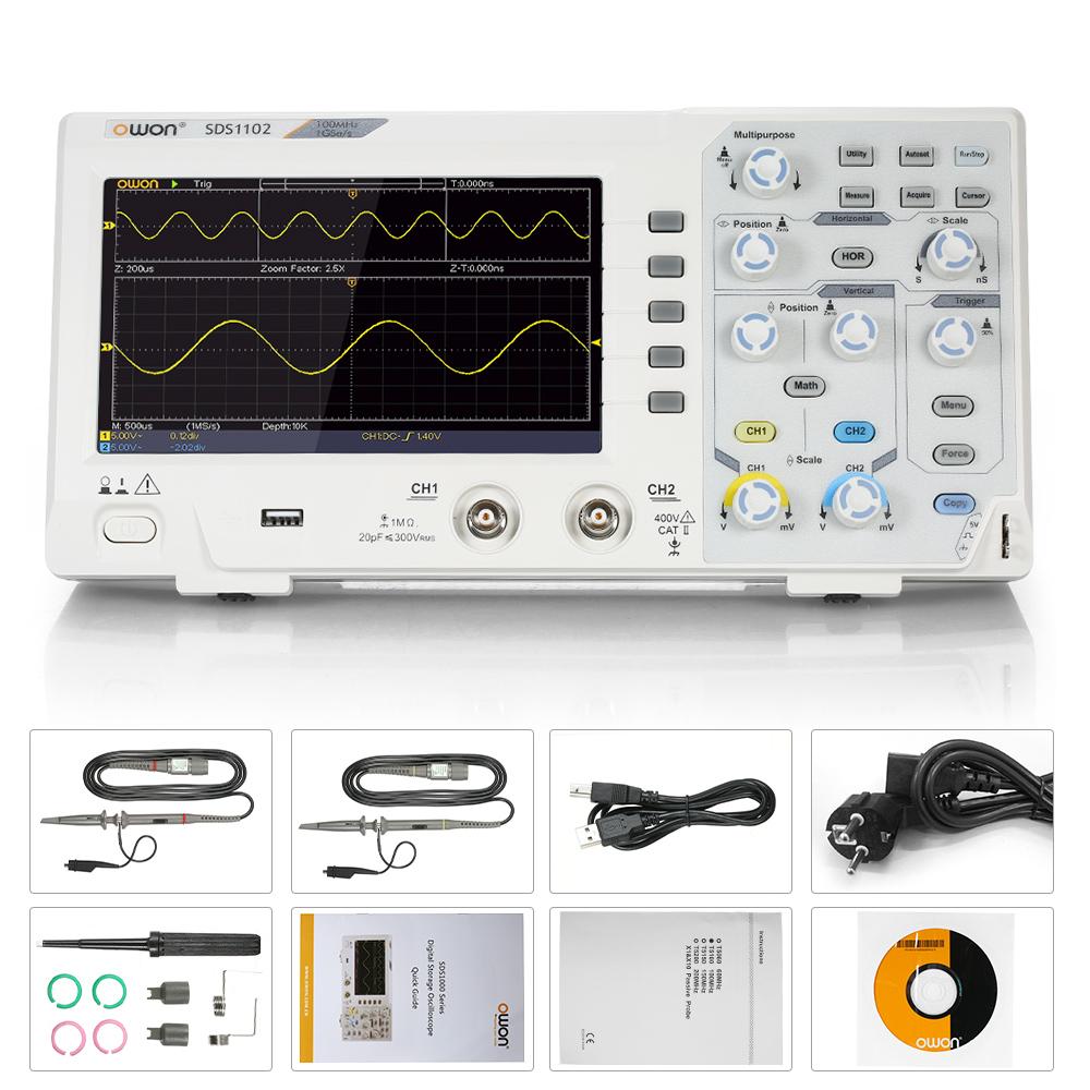 Owon SDS1102 Oscilloscope Oscillometer Digital Storage Oscilloscope 2CH 100MHz 1GS s 7 inch LCD Display