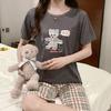 Lounge Sleepwear O-Neck Sleeping Breathable Girls Summer Cartoon Print T-shirt Crop Pants Set Daily Wear
