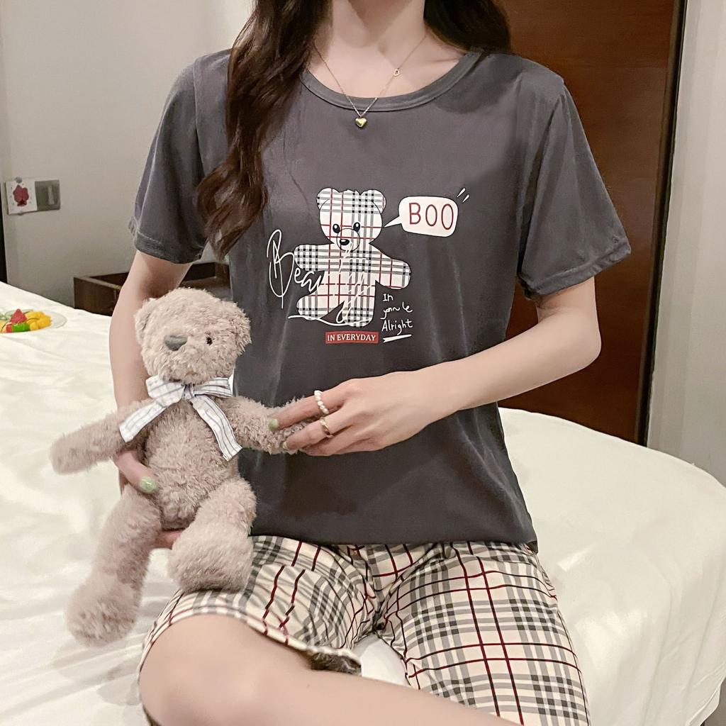 Lounge Sleepwear O-Neck Sleeping Breathable Girls Summer Cartoon Print T-shirt Crop Pants Set Daily Wear