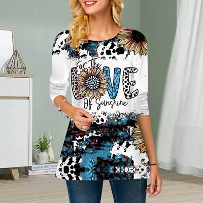 Плюс Размер Женский Цветочный Леопардовый Принт Круглый Вырез Повседневный Свободный Длинный Рукав Топ