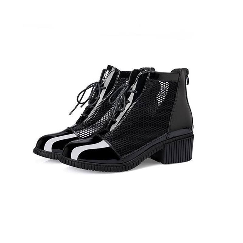 Черные сетчатые ботинки, женские ботинки на квадратном каблуке, кружевная молния сзади, искусственная кожа, мягкая кожа, новая мода, весна-осень