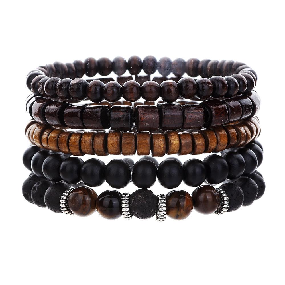 European, American Bohemian style literary and retro multi-piece wooden bead bracelet simple and versatile men's multi-layer wooden bead bracelet