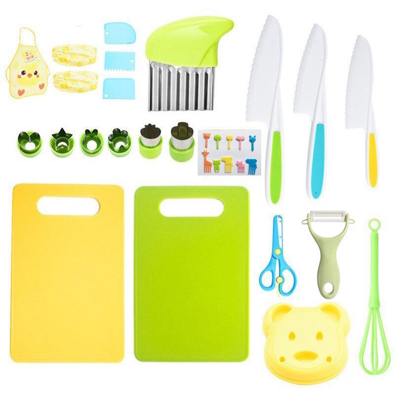 Детский безопасный кухонный набор из 46 предметов: Пластиковые ножи для фруктов и овощей с формами для тиснения и инструментами для детского питания. Доступно несколько стилей.