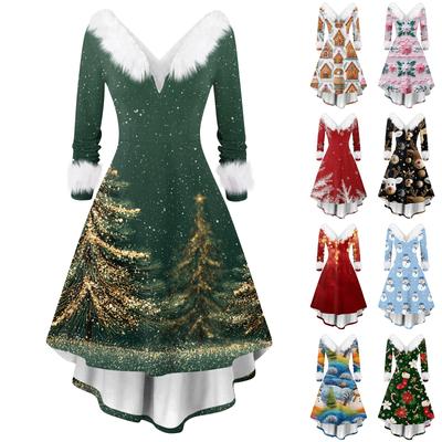 Женское модное повседневное платье с V-образным вырезом и рождественским принтом с длинным рукавом