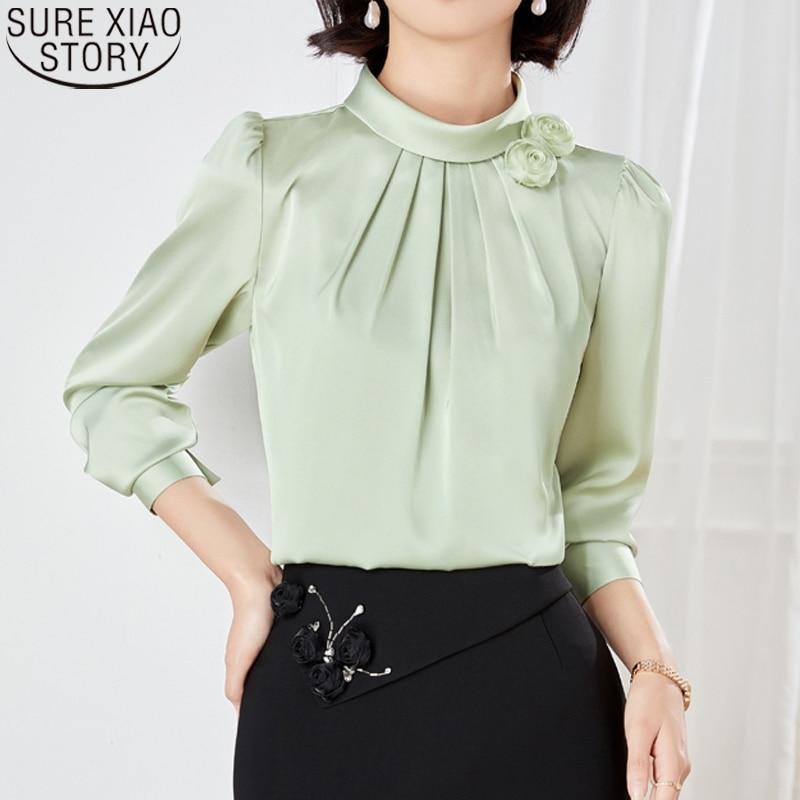 Элегантная офисная женская атласная блузка с цветочным декором, шифоновая рубашка, женские топы, осенняя одежда с воротником-стойкой и длинными рукавами 23174