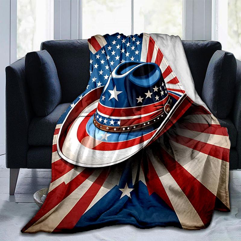 1pc American Flag Cowboy Hat Flannel Blanket Soft Warm Throw Blanket for Bedroom Living Room Bed Travel Camping Picnic Gift. M072201144