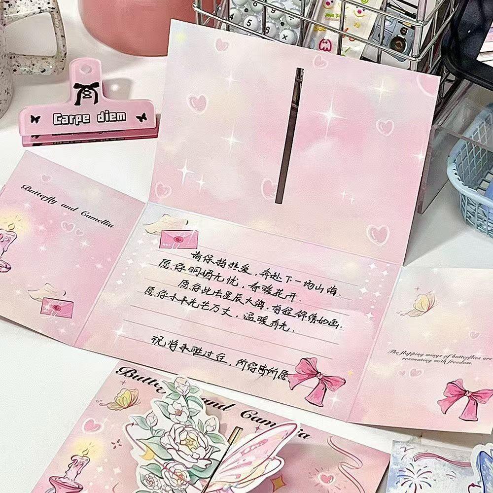 With Envelope Camellia Butterfly Card Foldable Pop-Up Card New 3D Foldable Greeting Card Birthday