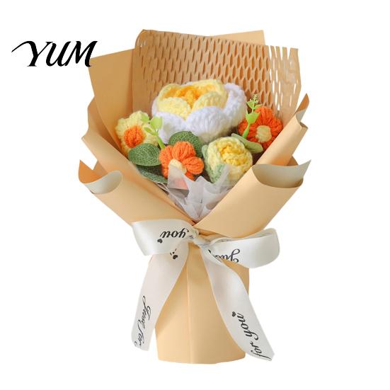Handmade Knitted Gift for Anniversary Hand Crocheted Yarn Flower Bouquet, Artificial Rose Sunflower, Decorative Ornament Crochet Flowers Teacher