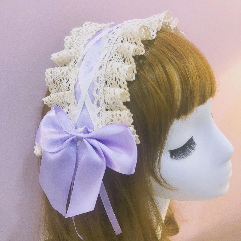 Женская повязка на голову в стиле Лолиты с рюшами, милая кружевная лента с бантом, повязка на голову с бантом, японский аниме-костюм горничной, головной убор