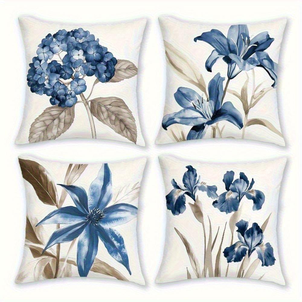 Blue Hydrangea Lily Throw Pillow Covers, Watercolor Iris Floral Print Cushion Cases Botanical Home Decor For Bedroom Living Room