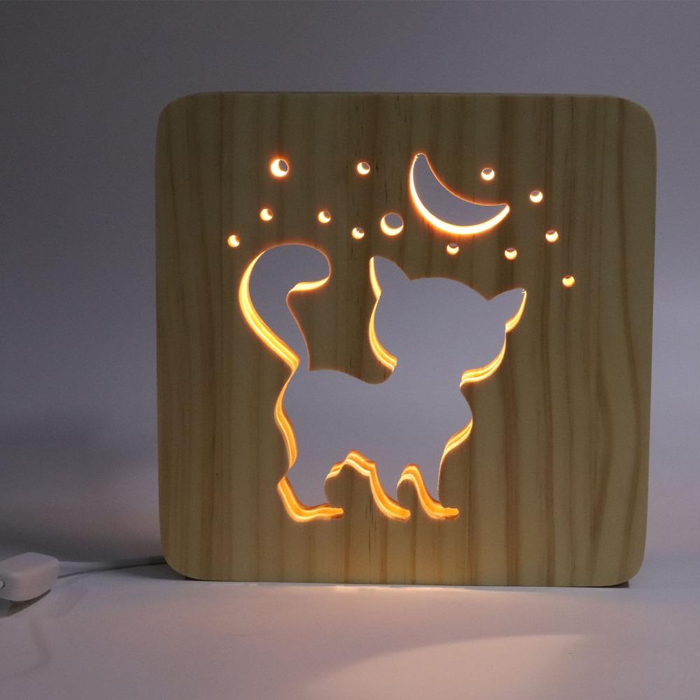 LED Light 3D Wood Light Warm White Lamp Wooden Night Lights Cat 3D Wood Light  Living Room Decor
