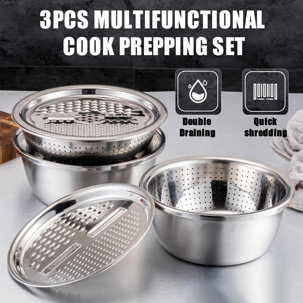 3 in 1 Kitchen Basin Grater, Colander Cutter with Strainers 10.2 Inch Stainless Steel Mandoline Rice Washing Pasta Mixing Dough Knding Bowls