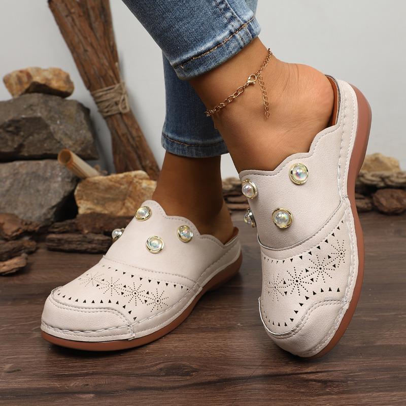 Весенние Плоские Шлепанцы Женская Мода Круглый Нос Глубокий Вырез Стразы Заклепка Пряжка Автомобильная Строчка Мягкая Подошва Сандалии