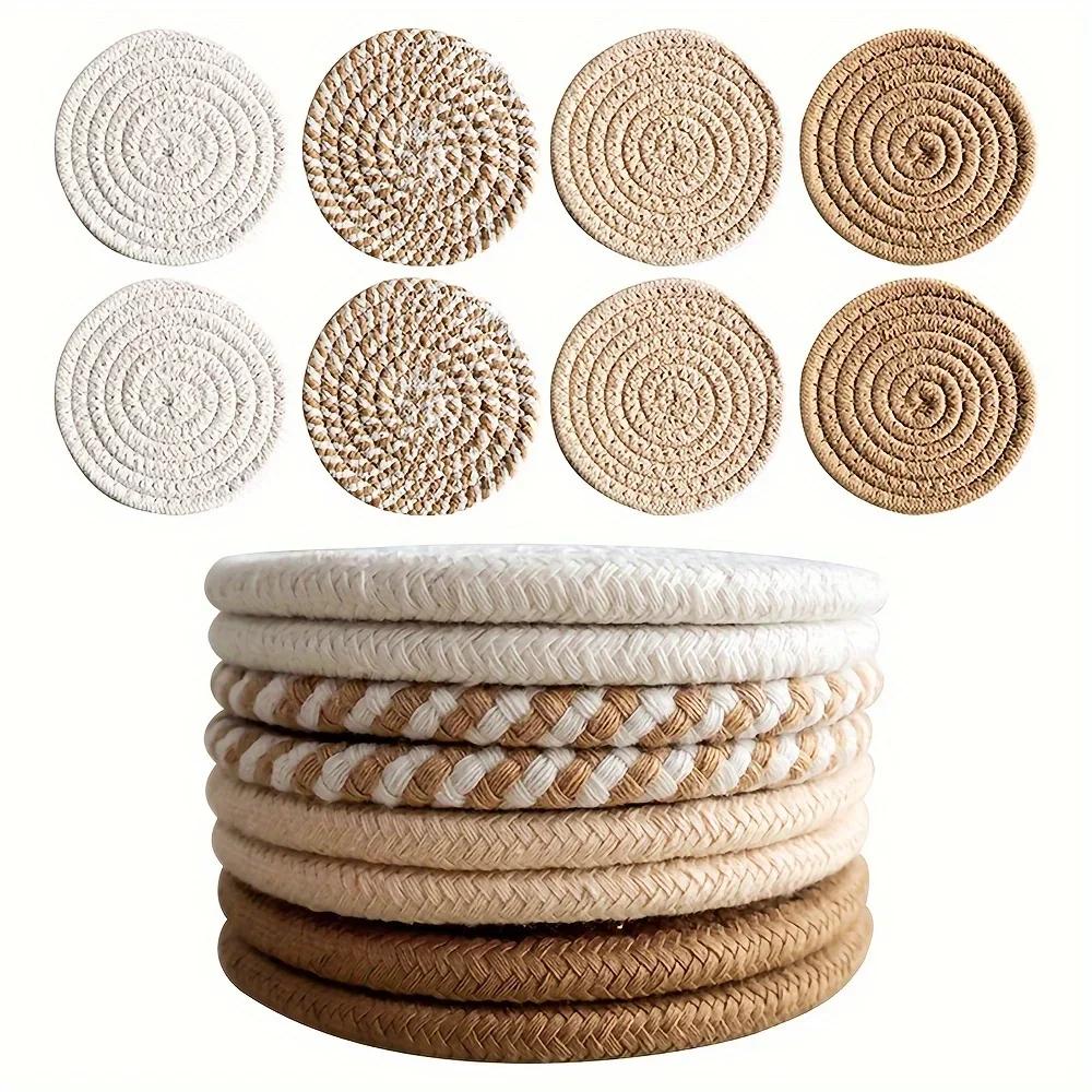 4/8pcs Woven Coaster Set with Holder High-Temperature Resistant Cup Coasters Absorbent Coasters for Coffee Tea Drinks