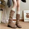 Fashion Pleated Boots Women Faux Suede Flock Knee High Boots 2024 Winter Women Fashion Slip On Square Medium Heel Knight Booties Mujer