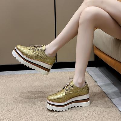 Туфли на платформе Осенние Новые с круглым носком На шнуровке Блестки Противоскользящий каблук Низкий верх Женская обувь