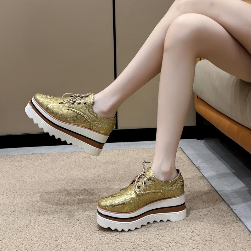 Мода Мода Платформа Одинарная Обувь Осень Новые Круглый Носок Шнуровка Спереди Блестки Противоскользящий Каблук Низкий Верх Женская Обувь