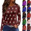 Women's Fashion Casual Slit Hem Round Neck Long Sleeve Loose Printed T-Shirt Ladies Top