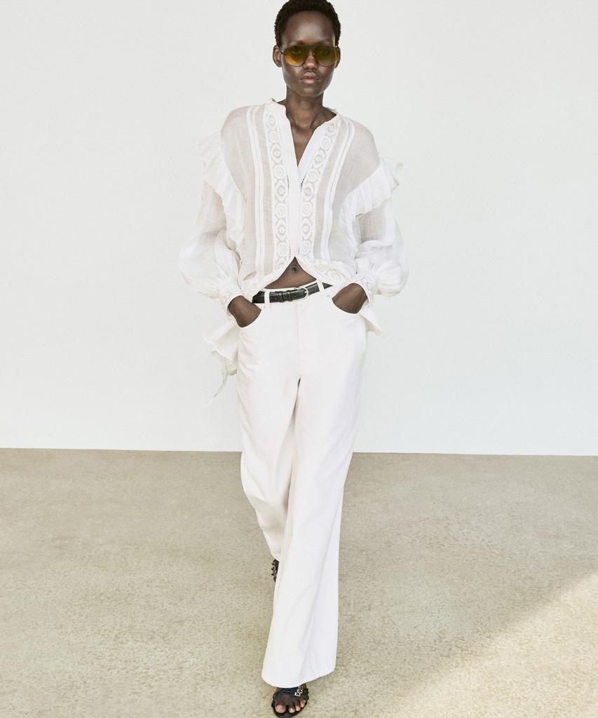 Masimodutti Blouse With Stand Collar Embroidery And Ruffle Details